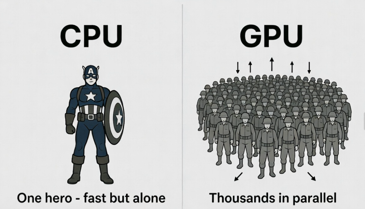 Conceptual analogy of CPU vs GPU
